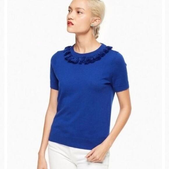 2/$30 Kate Spade Silk Cashmere Blend Tasseled Sweater Cobalt Short Sleeve #7002 - Picture 1 of 16